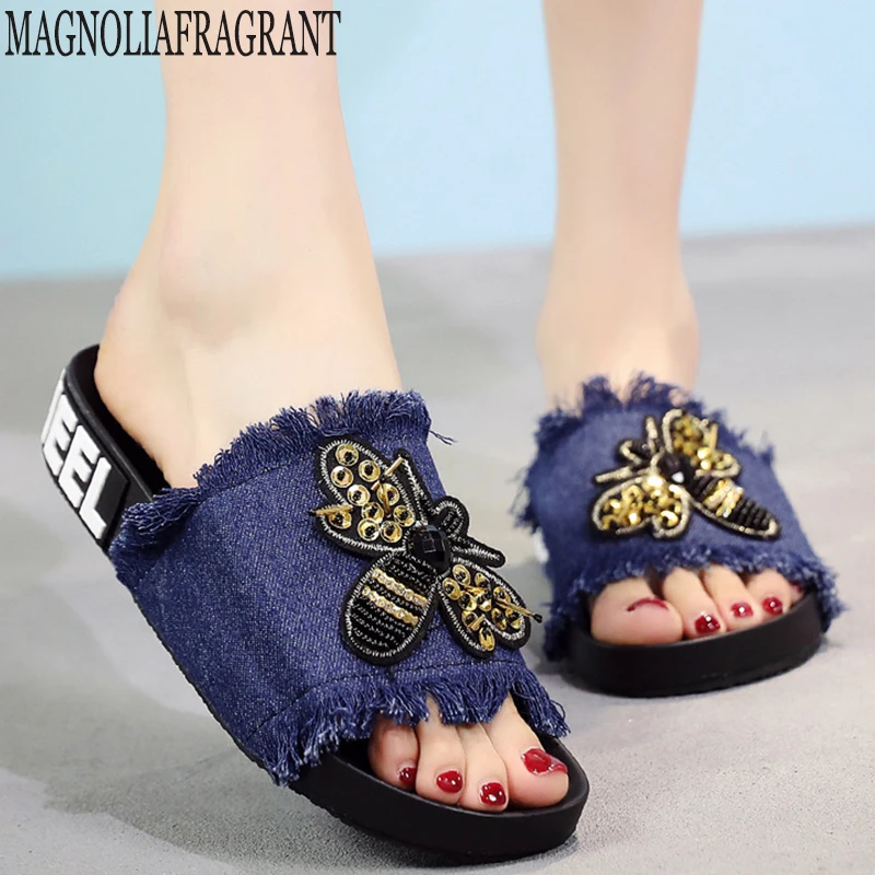 Sandalia feminina пчелы модные джинсовые женские домашние тапочки Sapato Feminino Chaussures Femme