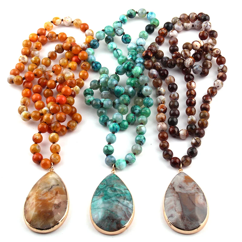 Free Shipping Fashion Semi Precious Stones Agat long Knotted Natural Stone Pendant Necklaces For