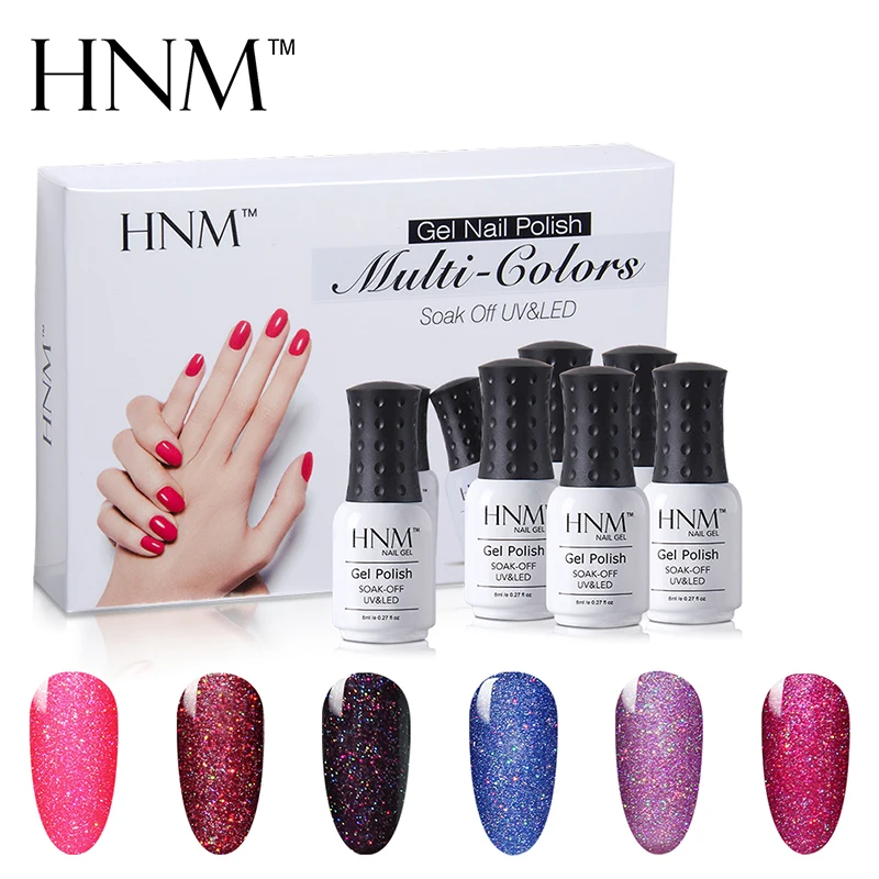 HNM 6 цветов 8 мл Bling Neon Комплект гель-лака 6 шт./лот блеск лак для ногтей наборы Led UV дизайн ногтей геллак полупостоянные гибридные Лаки
