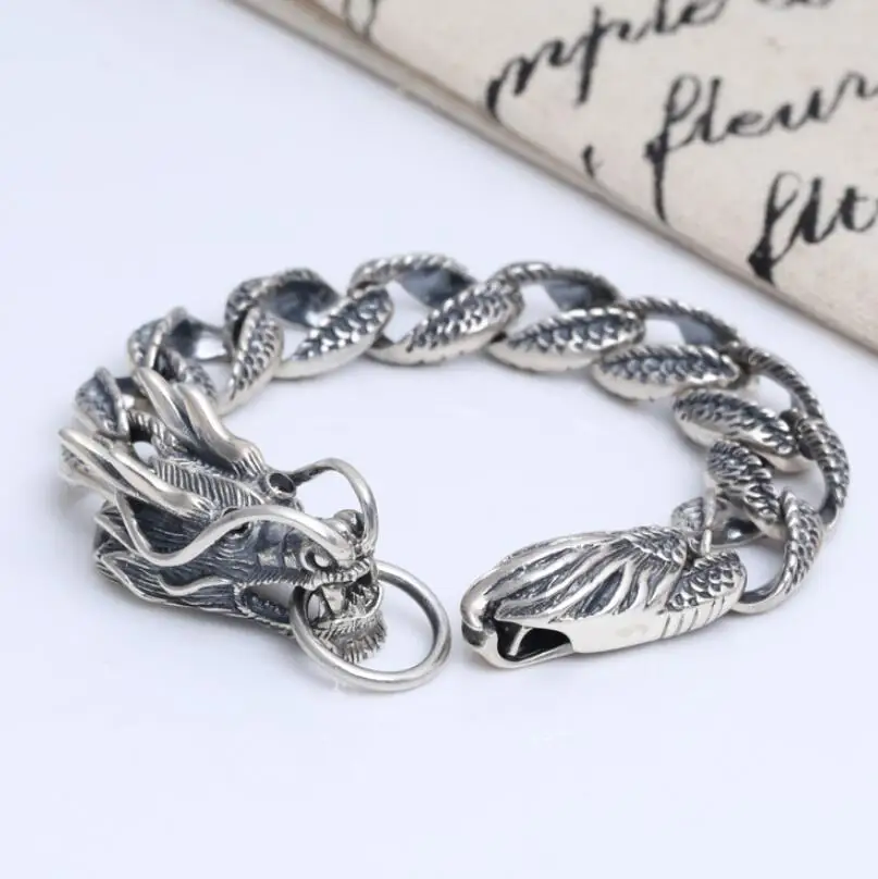 Pure Silver Vintage S925 Carved Dragon Sterling 925 Solid Silver Bracelet Hand Chain(FGL