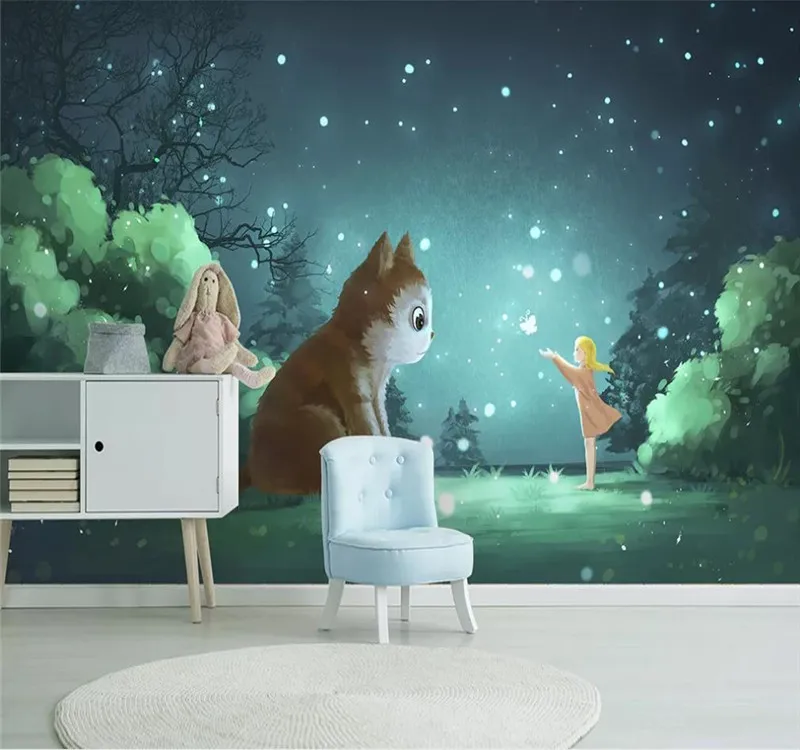 Custom wallpaper mural Nordic simple cartoon kitten flower children's room background wall decoration waterproof material Custom wallpaper mural Nordic simple cartoon kitten flower children's room background wall decoration waterproof material