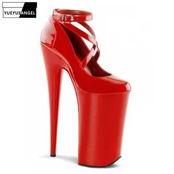 

Women Runway Thick Platform Super High Heels Shoes Hot Sexy Stilettos Pumps Cross Strap Patent Leather Wedding Dress Shoes 20CM