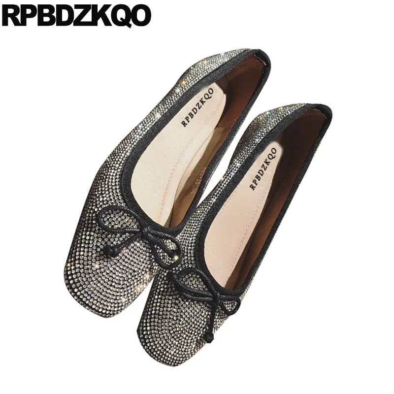 

Wedding Ballet Shoes Flats Slip On Black Designer Square Toe Women Bowtie Crystal Sparkling Ballerina Brown Dress Rhinestone