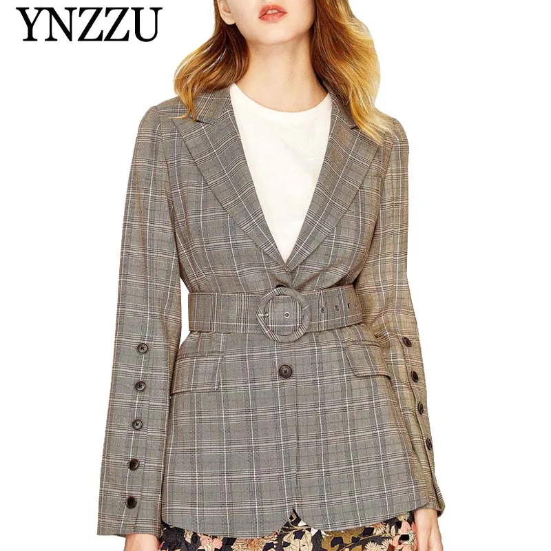 Vintage Ao829 Ceintures Longues 2019 Plaid Manteau Feminino Costume Femmes Boutons Manches Office À Lady Marque Mince Kaki Printemps Blazer eW2YDbH9EI