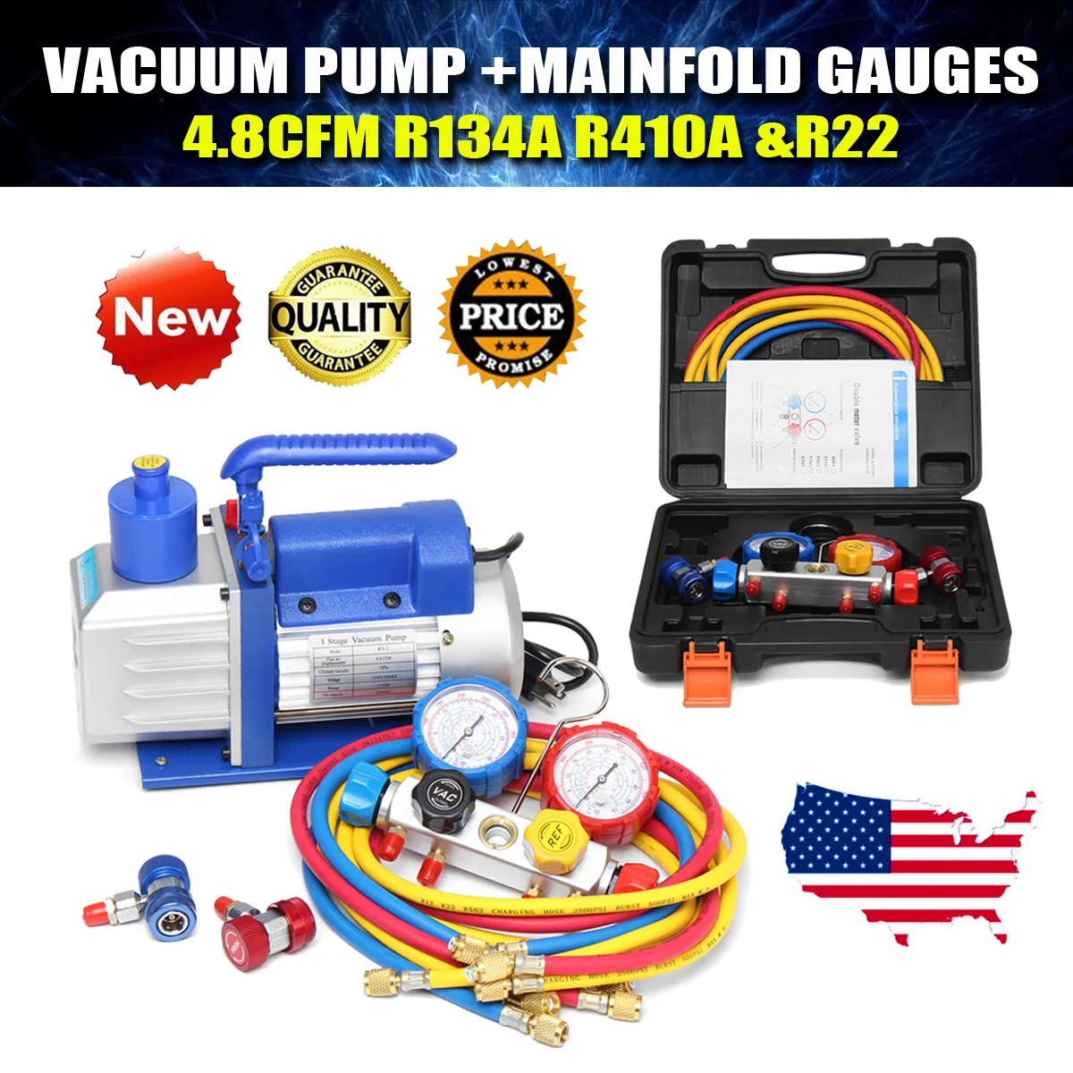 

R134A R22 R410A 4.8CFM Vacuum Pump HVA/C Refrigerant W/4VALVE MANIFOLD GAUGE Pumps Parts And Accessories