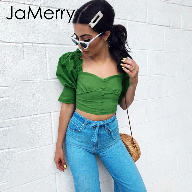 

JaMerry Vintage green ruffled women blouse shirt tops Short sleeve party female tops Chic summer casual streetwear tops 2019
