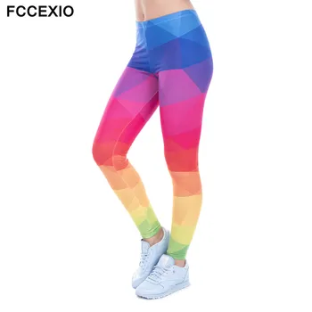 

FCCEXIO New 3D Leggings Printed Women Legging Colorful Triangles Rainbow Legins High Waist Elastic Leggins Silm Women Pants