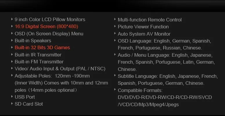 Одна пара 9 дюймов подголовник автомобиля dvd-плеер/ЖК-монитор, с застежкой-молнией, USB/SD, 32 бит игры, ИК, FM, ТВ(опционально), один DVD+ один монитор