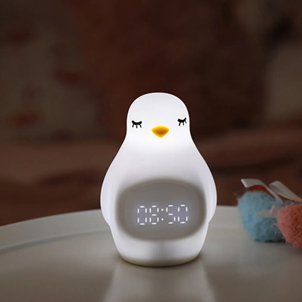 

LED Student Silicone Alarm Clock Table USB Charging Penguin Shape With Night Light Cute Children Wake Up Multifunctional Digital