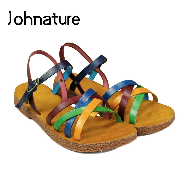 

Johnature 2019 New Summer Genuine Leather Handmade Retro Mixed Colors Buckle Strap Fashion Comfortable Flat Women Sandals