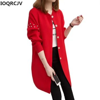

2018 NEW Spring Autumn Knit Cardigan Sweater Women Coat Solid color Beaded Long-sleeved Long Sweater Women Outerwear IOQRCJV 795
