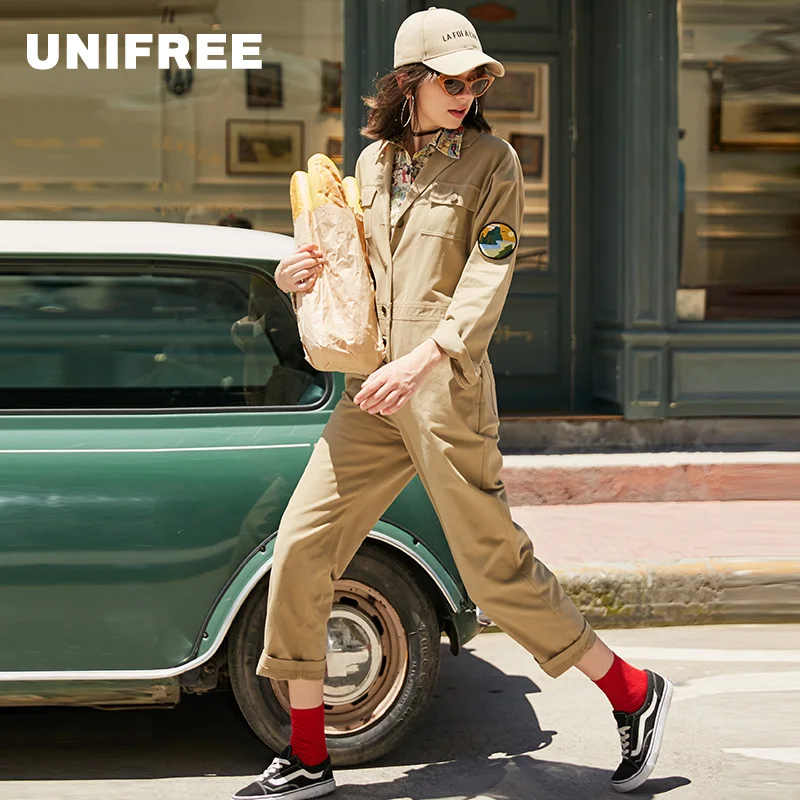 UNIFREE Spring 2018 new women's lapel embroidery patch casual overallsUDC183P005 Jumpsuits and Playsuits
