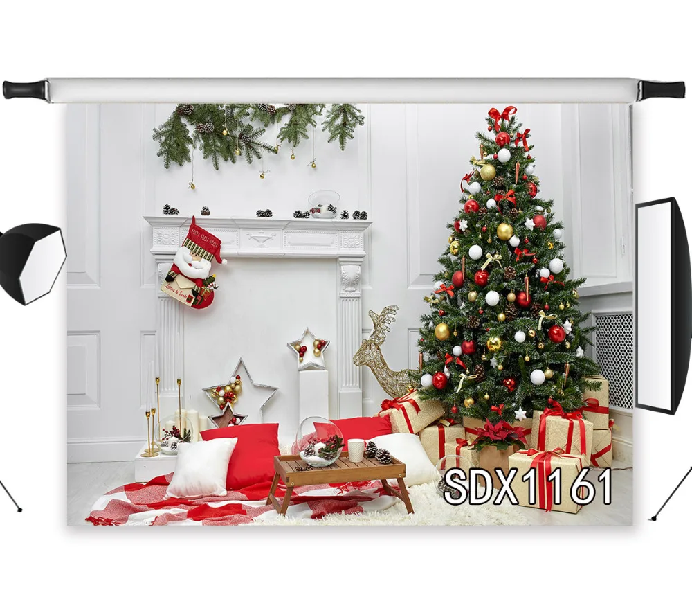 

LB 7X5FT Vinyl Photography Backdrops Christmas Tree Gifts and Fireplace Wall Interior Decor Studio Party Photo Props Background