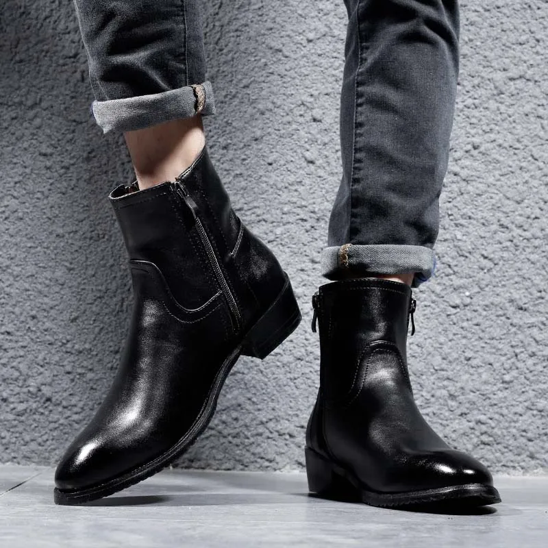 

Masorini Leather Genuine Cowhide Leather Boots Men High Zip Top British Fashion Men's Fashion Style Chelsea Boots Black WW-139