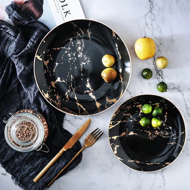 1PCS Tableware Marble Plates Ceramic Dinner Set Gold Inlay Porcelain Dessert Plate Steak Salad Snack Cake Plates Wholesale - Image 3