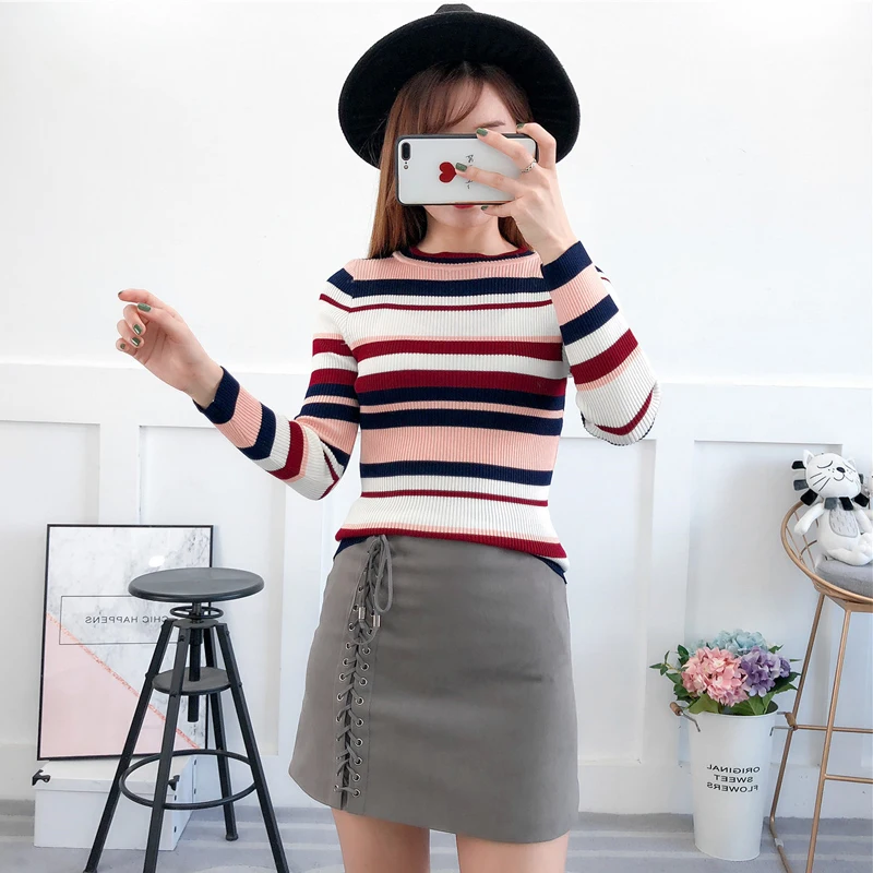 Harajuku Sweater Ladies Multicolor Striped Pullover Sweaters Slim Long Sleeved Flat Knitted Sweater Winter Clothes Women