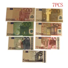 7 pces euros cédula comemorativa 5-500dollar 24k ouro chapeado falso dinheiro notas coleção lembrança antigo chapeado decoração