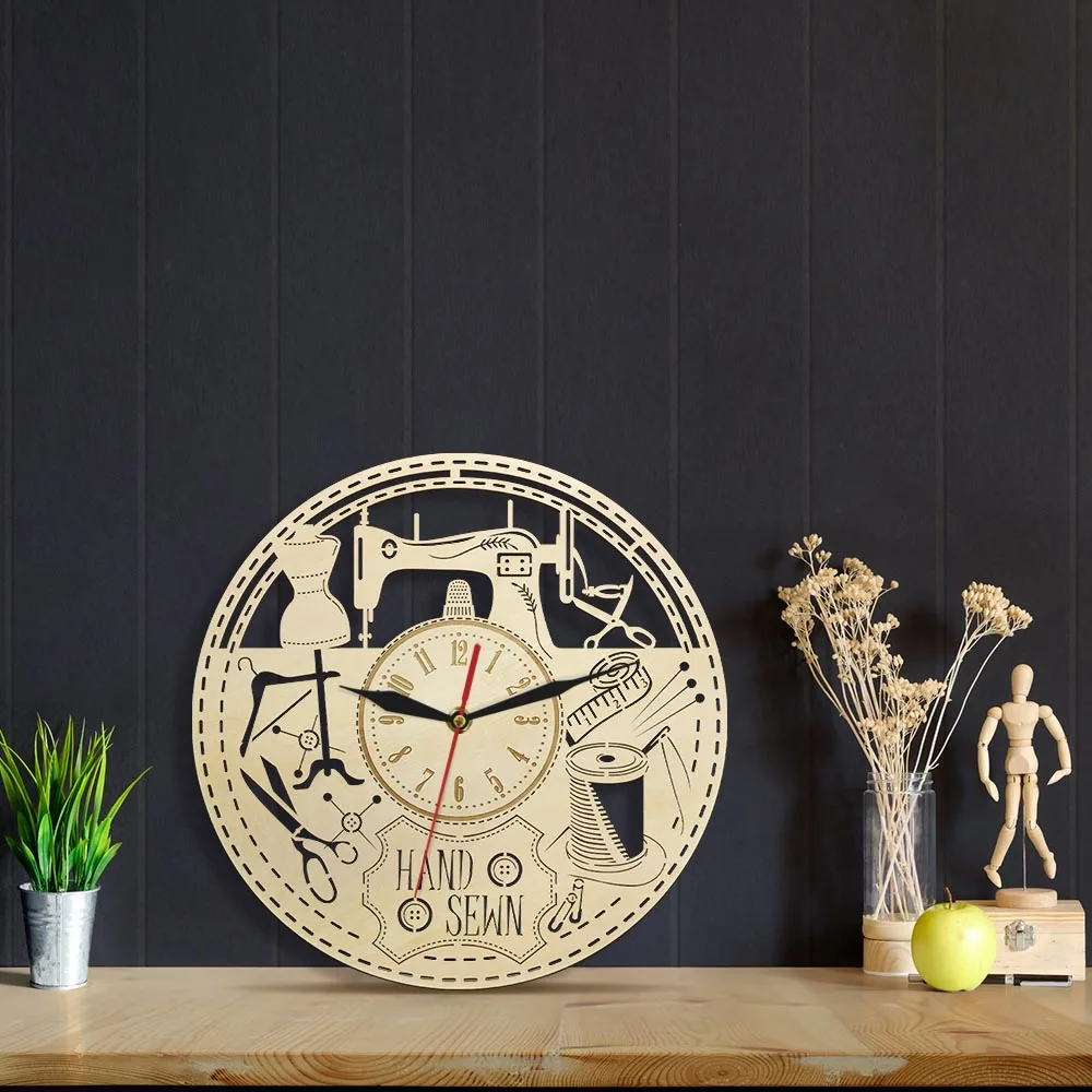 US $20.40 Sewing Machine Instruments Wooden Wall Clock Quilting Seamstress Vintage Wall Watch Sewing Room Decor Sewing Lover Gift For Mom