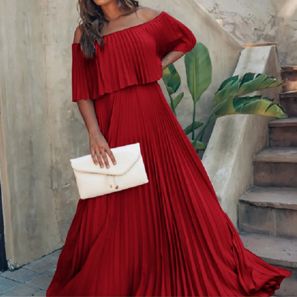 

Vestidos De Party De Night Women Summer Casual Slash Neck Solid Off Should Short Sleeve Pleated Ankle-Length Long Dress