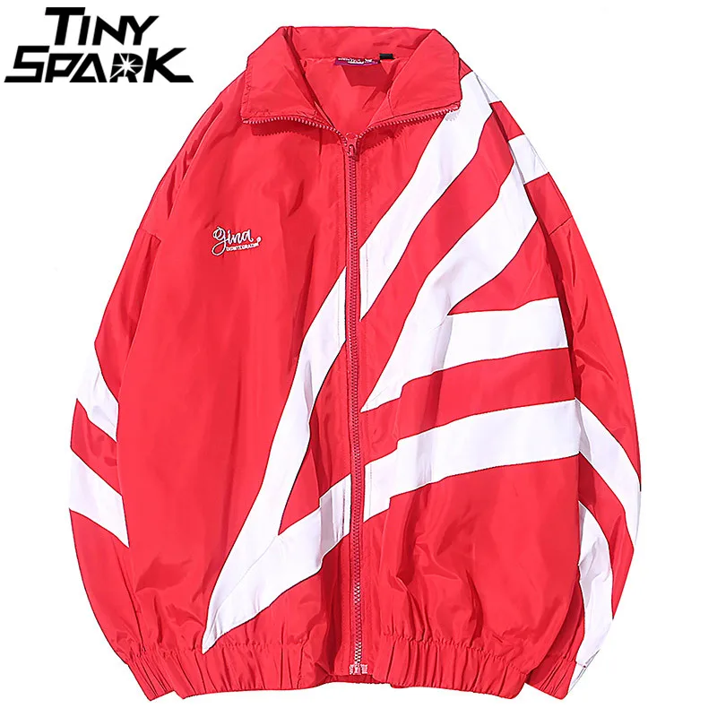 Men Hip Hop Streetwear Geometric Jacket Color Block Harajuku Track Jacket Windbreaker Autumn 2018 Black Zip-Up Jacket Coat Retro