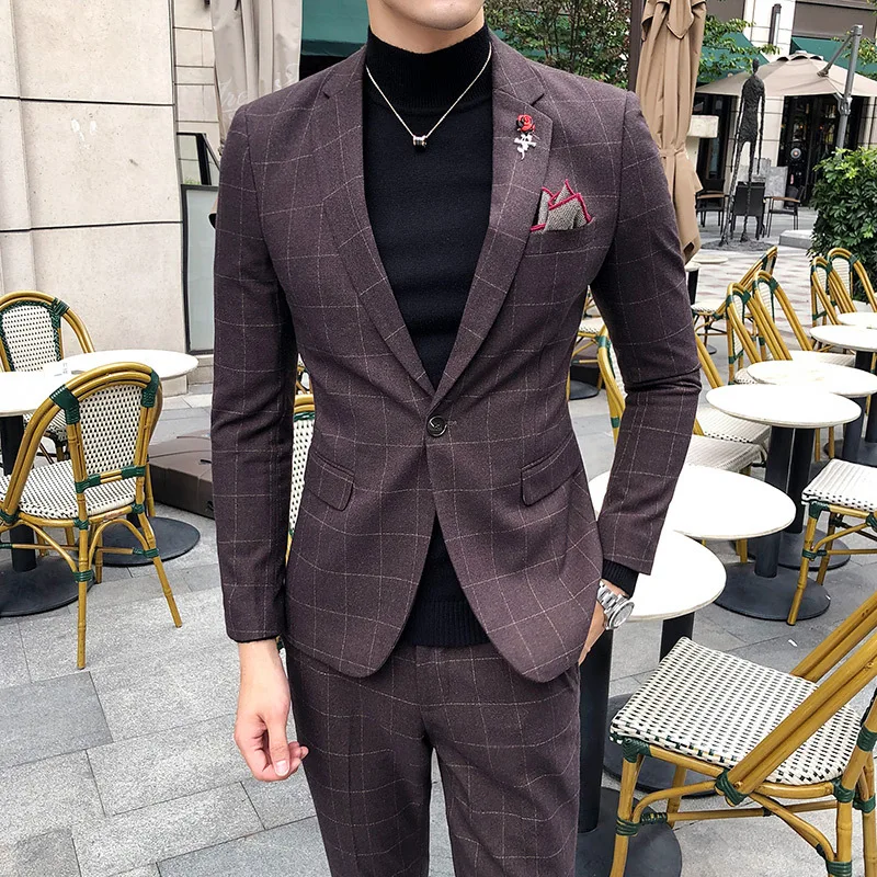 Ternos Slim Fit Masculinos корейский бизнес случайный плед печатных костюм мужчин из двух частей(куртка+ брюки