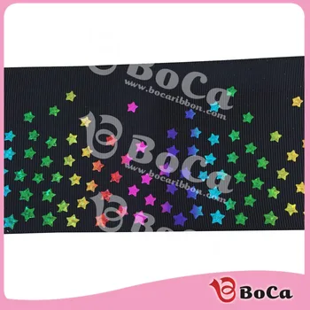 

hot sale 3" 75mm BOCA rainbow star sky printed holographic grosgrain ribbon , DIY handmade material 100Yards