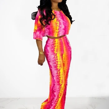 

Digital Print O Neck Casual Nightclub Two Piece Sets Women Half Sleeve Short Blouse With Loose Pants Overalls Rompers Pant Suits