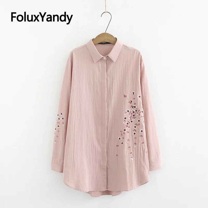 

3 Colors Floral Blouses Women Embroidery Shirts Casual Long Sleeve Korean Plus Size Blouse Shirt KKFY3032
