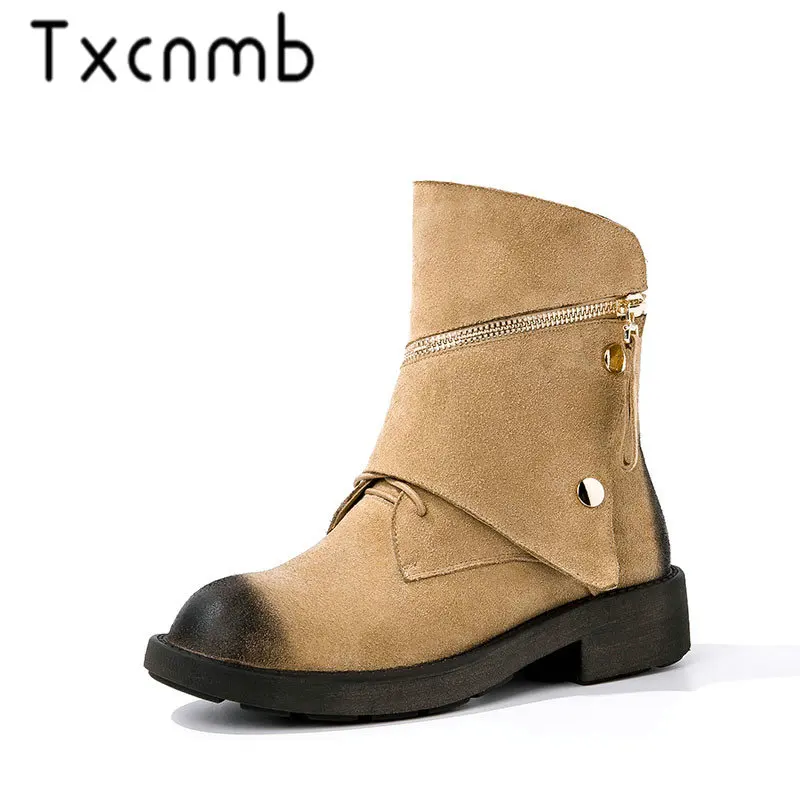 

TXCNMB boots Women Basic Ankle Boots Autumn Winter Square Heels Ladies Shoes Woman Brand Elegant Cow Suede Leather Office