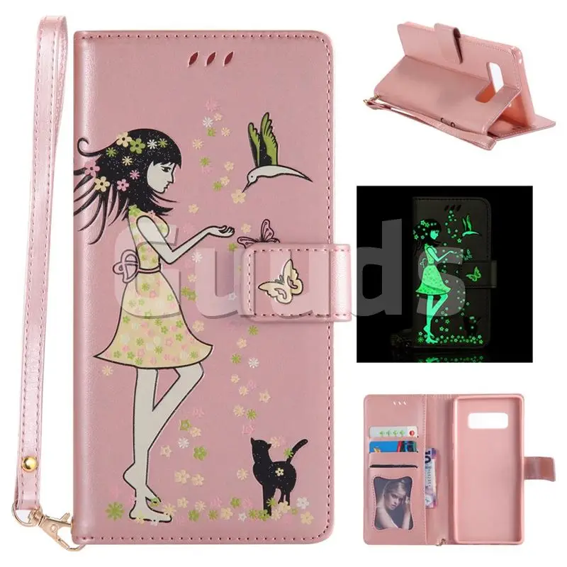 Luminous Flower Girl Cat Leather Wallet Case for Samsung Galaxy Note 8 - Light Pink