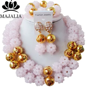 

Majalia Classic Nigerian Wedding African Jewelry Set Opaque Light pink Crystal Bead Necklace Bride Jewelry Sets 2JS048
