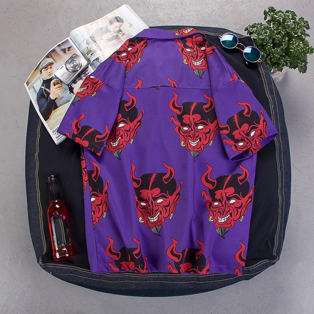 Уличная одежда в стиле хип-хоп, мужские рубашки с принтом дьявола, летние свободные Гавайские корейские рубашки в стиле Харадзюку с коротким рукавом и цветочным принтом, camisa