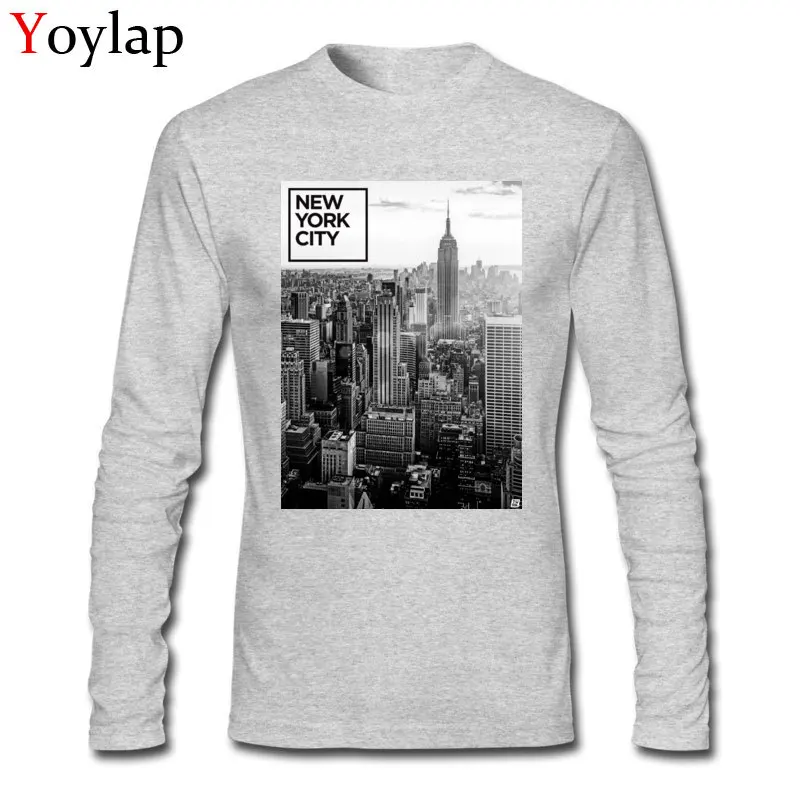 100% Cotton Tops T Shirt Printing for Boys Birthday T-shirts Leisure 2017 Crewneck Long Sleeve Tee-Shirts Top Quality New York City - Cityscape BW grey