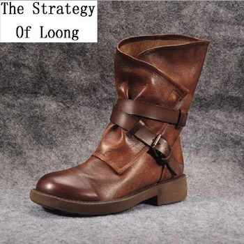 

Autumn Winter New Retro British Style Genuine Leather Buckle Ladies Boot Zipper Flat Heels Size 35-40 Women Boots 20181205