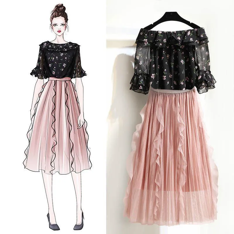 

2019 Summer Women Floral Print Off Shoulder Chiffon Shirt+A Line Ruffles Patchwork Mesh Draped Skirt Suit Female Casual Sets Y40
