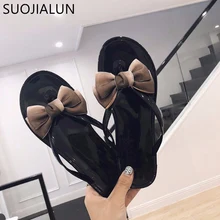 SUOJIALUN/Летняя модная женская обувь; вьетнамки на плоской подошве с бантом; Вьетнамки; уличные прозрачные сандалии; пляжные женские шлепанцы на плоской подошве