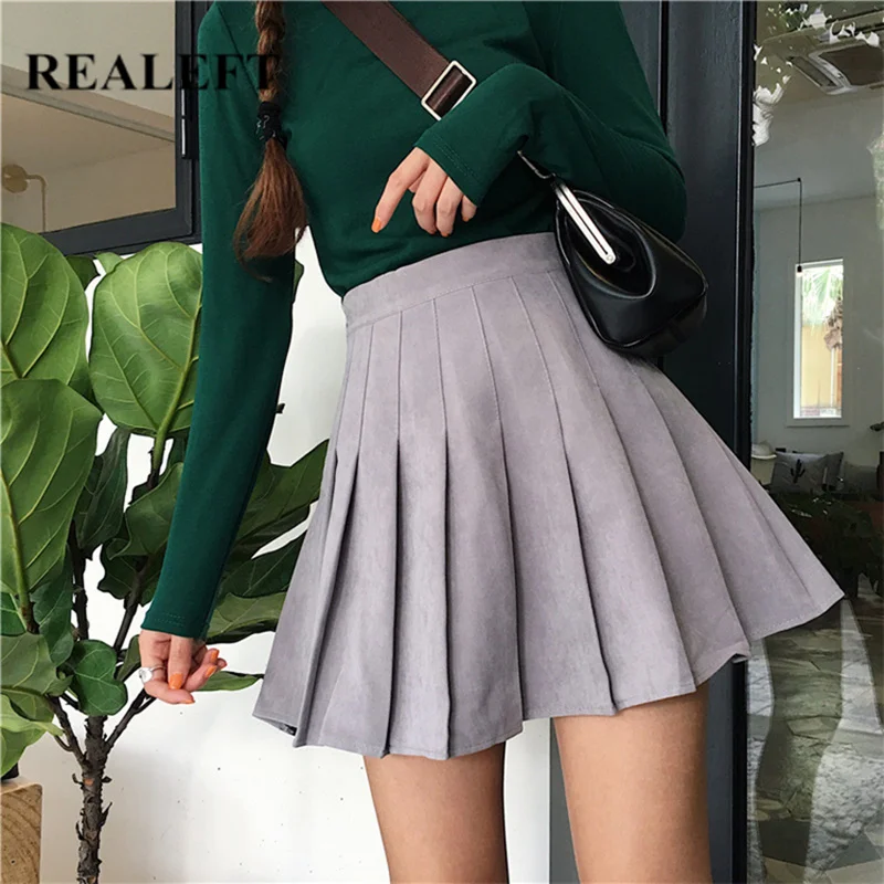 REALEFT Осенние теплые серые женские однотонные элегантные плиссированные мини юбки с высокой талией Harajuku тюлевые короткие юбки для студентов