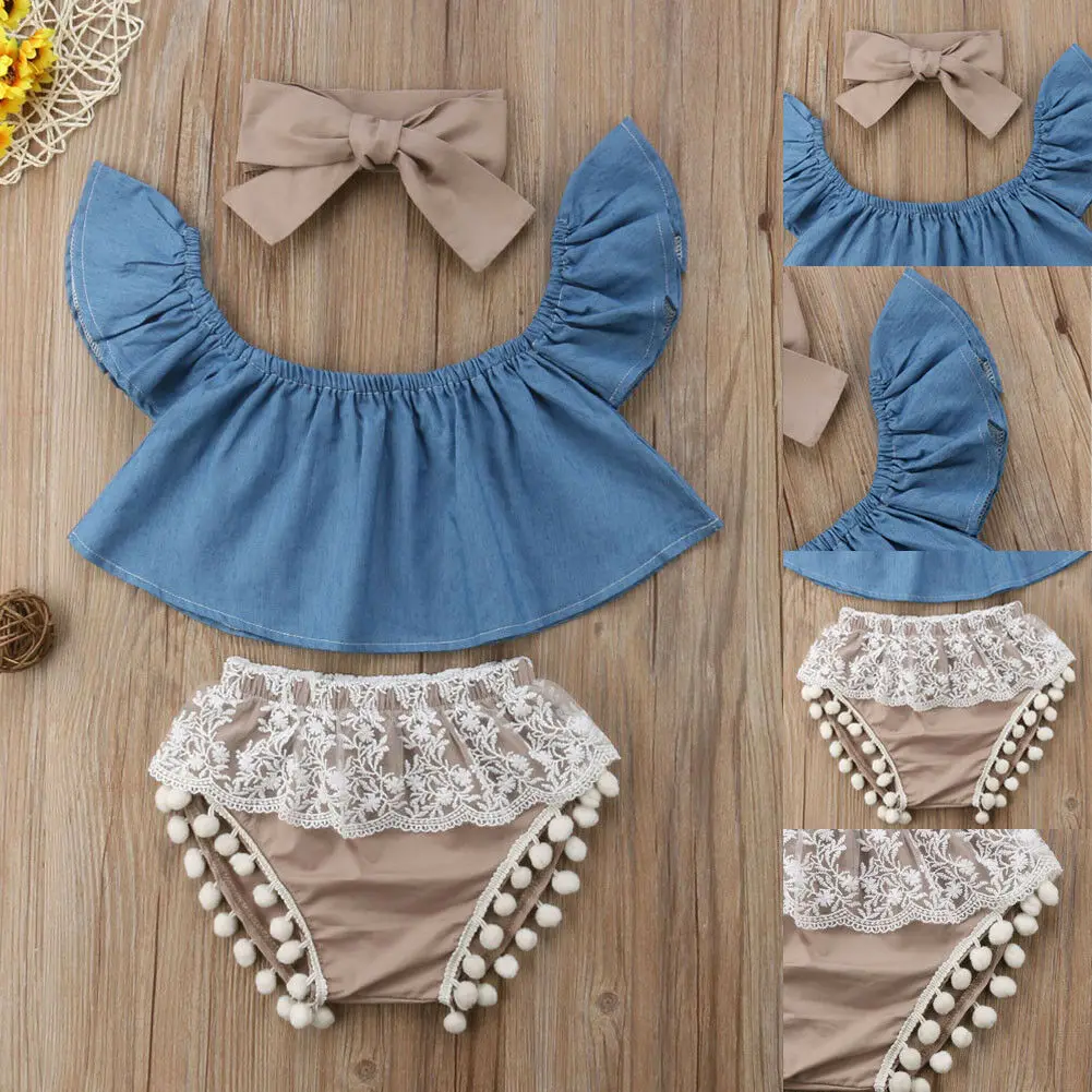 3PCS Newborn Baby Girls Summer Clothes Short Off-Shoulder Shirt + Shorts with Lace and Pompon Headband Outfits | Детская одежда и