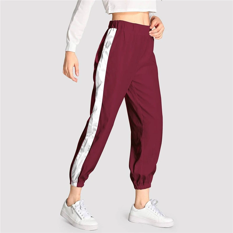 SweatyRocks бордовые брюки с контрастной лентой по щиколотку с эластичной резинкой на талии для отдыха, женские спортивные штаны, осенние повседневные штаны