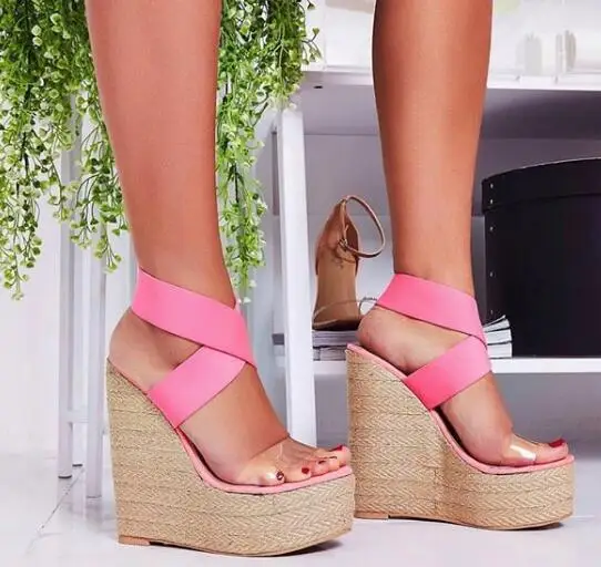 

Sexy Open Toe Platform Wedge Sandal Summer Elastic Knitted Cross-tied Cutouts Gladiator Shoe Woman Super High Sandal