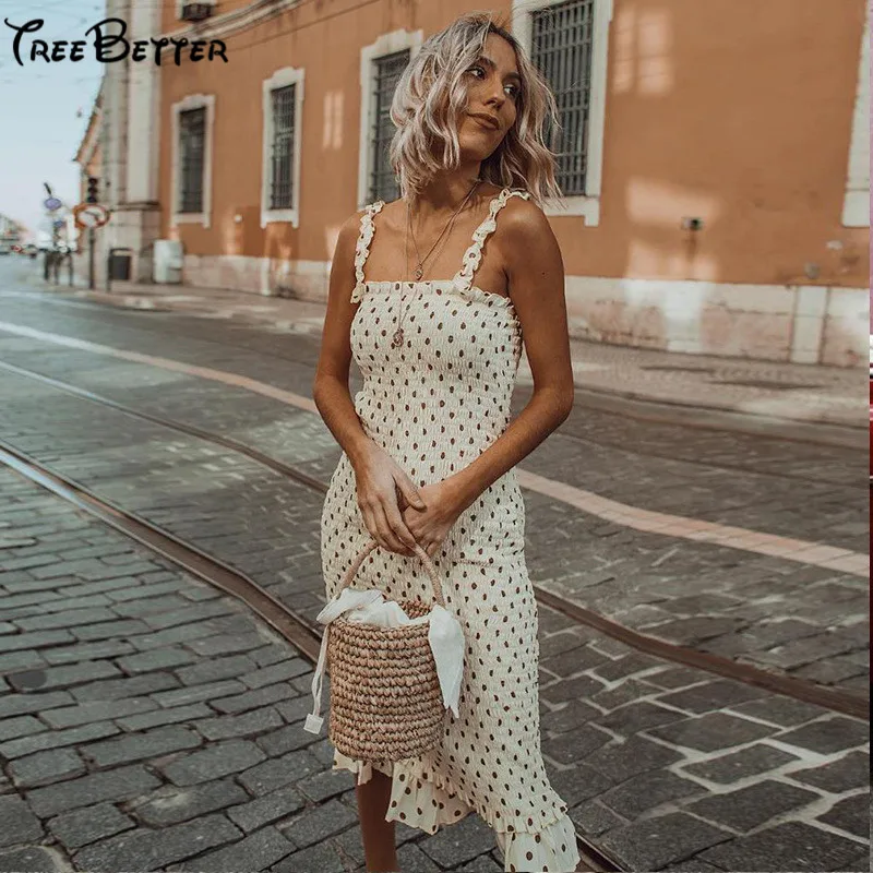 

Chiffon Spaghetti Strap Dots Bohemian Holiday Summer Long Beach Dress Women 2019 Casual Vintage Sleeveless Elegant