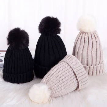 

Children Girls Boys Winter Warm Knitted Hats Candy Color Pompom Hair Ball Mother and Kids Cap Korean Fashion Mom Girls Hat