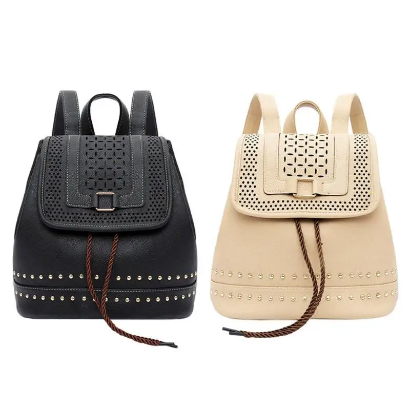 

High Quality PU Leather Teenage Girls Rivet Backpack Ladies Hollow Drawstring Retro Women Travel Shoulder Bag Fashion School Bag