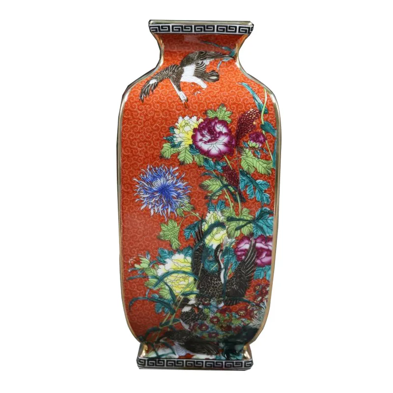 

Jingdezhen Antique Ceramic Enamel Vase Square Vases Flowers And Birds Pattern Ancient Ming and Qing Porcelain