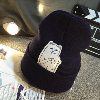 Горячая осень зима патч в виде шляпы прекрасный кот теплая Мода хип хоп вязанные шапочки обжимные для женщин и мужчин головные уборы - Цвет: Navy Blue