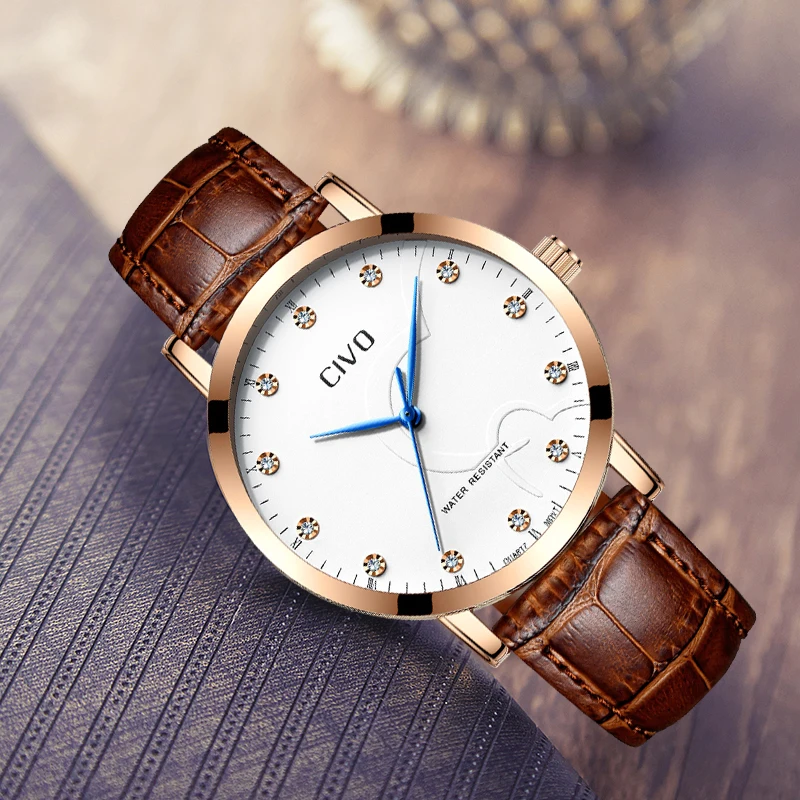 

CIVO Luxury Waterproof Unisex Watch Women Fashion Casual Genuine Leather Man Watches Montre Femme Quartz Wrist Watches Men Clock
