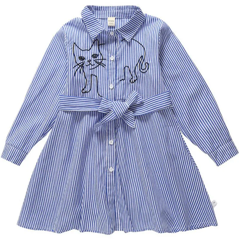 

DFXD Autumn Teen Girls Long Sleeve Blue Striped Cartoon Cat Single-breasted Turn Down Collar Preppy Style Dress With Belt 3-12Y
