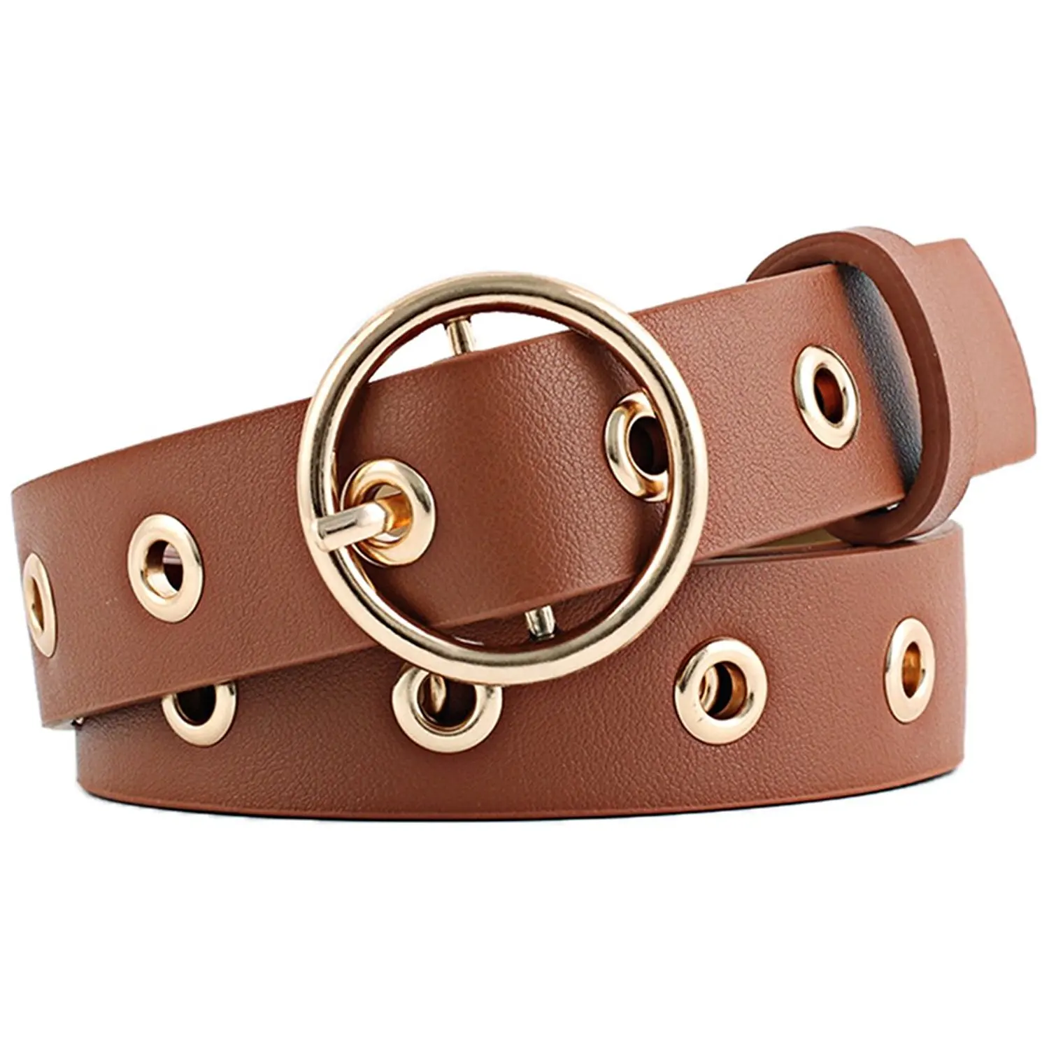 2018 Fashion Women Grommet Holes Studded Pin Buckle Leather Belt Camel