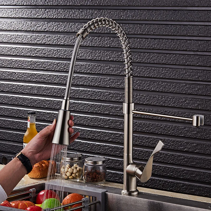 

Brushed Nickel Chrome Plating Spring Kitchen Faucet Pull Out Mixer 2-Function Water Outlet Water Tap 360 degree Rotatable