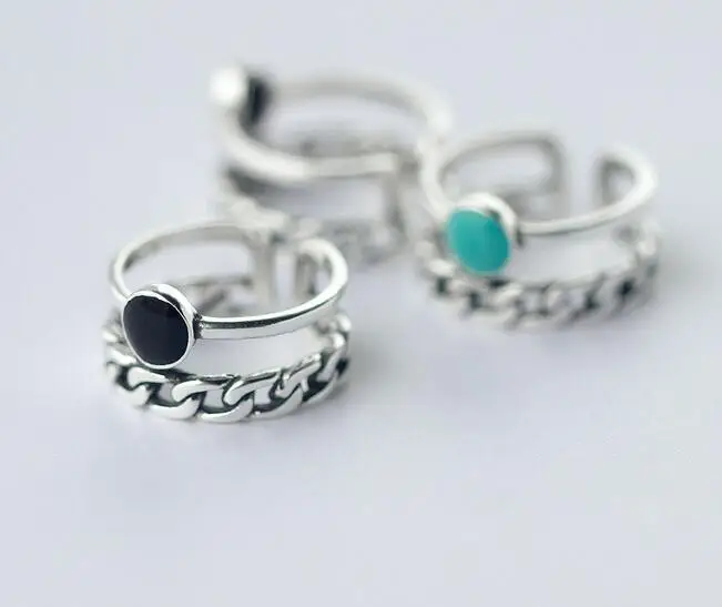 

1pc Blue/White/black enamel Geometric Round Double Rows &cuban design Ring adjustable 925-sterling-silver Ring Gothic GTLJ1171